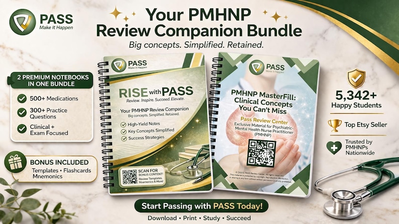 May include: A promotional image for a PMHNP Review Companion Bundle. It features two spiral-bound notebooks, one titled "RISE with PASS" and the other "PMHNP MasterFill." The image includes text about medications, practice questions, and bonus content.