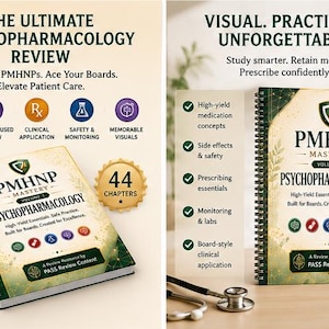 May include: A spiral-bound study guide titled PMHNP Mastery Volume 1 Psychopharmacology with a green and gold cover, featuring 44 chapters, medical icons, and text including The Ultimate Psychopharmacology Review and Visual. Practical. Unforgettable.