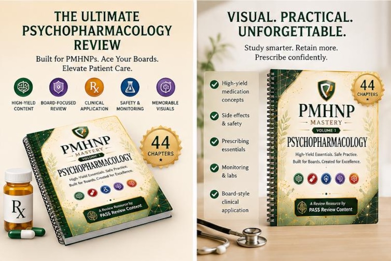 May include: A spiral-bound study guide titled PMHNP Mastery Volume 1 Psychopharmacology with a green and gold cover, featuring 44 chapters, medical icons, and text including The Ultimate Psychopharmacology Review and Visual. Practical. Unforgettable.