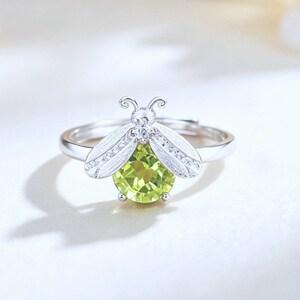 Firefly Birthstone Ring, Natural Gem Stackable Ring Gift, Whimsical Insect Statement Band, Silver Nature Inspired Jewelry