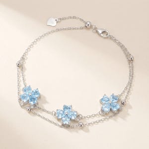Sterling Silver Blue Topaz Clover Bracelet, Dainty Double Layer Chain, December Birthstone