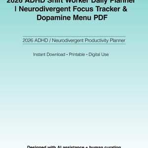 Op de afbeelding: Een digitale planner met een blauwe gradiënt achtergrond. De tekst luidt "2026 ADHD Shift Worker Daily Planner" en "I Neurodivergent Focus Tracker & Dopamine Menu PDF". Extra tekst omvat "2026 ADHD / Neurodivergent Productivity Planner" en "Instant Download • Printable • Digital Use".