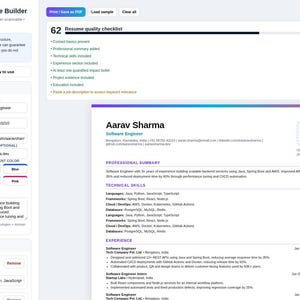 May include: A digital software engineer resume builder interface featuring a left-hand sidebar with input fields for profile details and a right-hand preview pane displaying a generated resume for Aarav Sharma with sections for professional summary and skills.