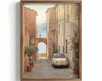 Italy Wall Art Digital Print, Vintage Fiat 500 Poster, Coastal Village Street Scene, Mediterranean Decor, Italian Summer Art Print MCIT0018