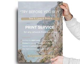 Servicio de impresión de arte mural, vista previa digital antes de imprimir, impresiones de pósteres mate personalizados, impresión de obras de arte físicas, decoración con calidad de galería.