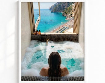 Lámina de Positano Costa Amalfitana, Arte de pared de lujo para baño con vista al océano, Póster de viaje de la Riviera italiana, Descarga digital con estética costera MCIT0010