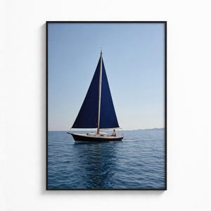 Sailboat Photography Print, Navy Blue Coastal Wall Art, Nautical Wall Decor, Old Money Artwork, Vintage Ocean Print (Digital Download)