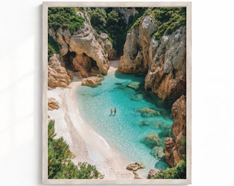 Lámina con diseño de una cala en Cerdeña, arte mural mediterráneo turquesa, póster costero de Italia, paisaje marino, decoración imprimible para viajes de verano MCIT0009