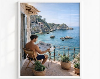 Lámina decorativa de la costa mediterránea, vista desde el balcón de Amalfi, póster de la costa italiana, decoración veraniega con temática oceánica, descarga de fotografía de viajes MCIT0011