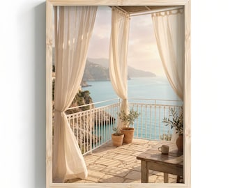 Obra de arte de decoración costera, lámina de diseño neutro, póster de la costa de Amalfi, ilustración de la costa mediterránea, estilo minimalista para casa de playa MCIT0008