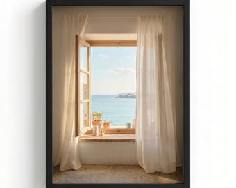 Decoración costera, lámina neutra para ventana, vista de la costa de Amalfi, costa mediterránea, póster de paisaje oceánico, estilo casa de playa MCIT0007