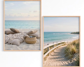 Arte mural costero, juego de 2 láminas de playa, decoración costera neutra, fotografía oceánica, obra de arte de dunas de arena, póster minimalista para casa de playa ECAU0001