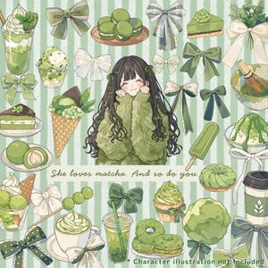 Puede incluir: Ilustración de una variedad de dulces y bebidas con sabor a matcha, incluyendo helado, pastel y donuts. La imagen tiene una combinación de colores verde y blanco, con una figura central sonriente. El texto dice: "She loves matcha. And so do you."