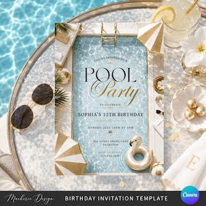 Luxury Pool Party Invitation, White Gold Summer Birthday Invite (Digital Download)