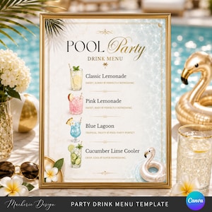 Luxury Pool Party Drink Menu, Editable White Gold Beverage Sign, Printable Canva Template