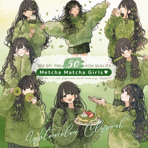 Puede incluir: Clipart de acuarela con múltiples ilustraciones de chicas con atuendos verdes, cabello largo y oscuro y lazos verdes. Se muestra el texto "Metcha Matcha Girls", junto con la frase "una linda palabra japonesa que significa 'super'". La imagen tiene una alta resolución de 300 DPI PNG.
