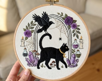 Kit de bordado de gato negro / Manualidad de cuervo brujo / Regalo de arte mural gótico de Halloween para hacer tú mismo