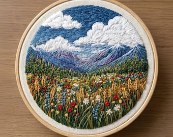 Mountain Landscape Embroidery Kit – Wildflower Meadow, Snow-Capped Peaks, Nature Art