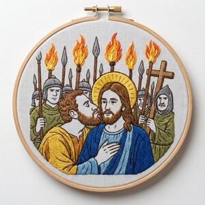 Religious Embroidery Kit - Kiss of Judas Bible Scene Art - Christian Gift for Her - DIY Church Craft Project