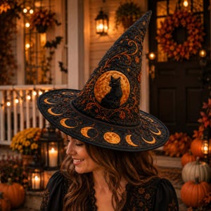 May include: A black pointed hat featuring intricate orange embroidery of moon phases along the wide brim and a central circular patch depicting a black cat sitting in front of a full moon. The fabric has a quilted texture with floral patterns.