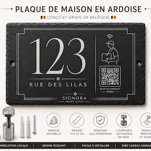 May include: Black slate house number plaque with the number 123 and the text "RUE DES LILAS". Includes mounting hardware. The plaque measures 5.1 x 9 inches. The text "SIGNORA SMART SLATE" is also visible.