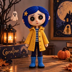 Può includere: Una bambola all'uncinetto con capelli blu brillante, un piccolo accessorio a forma di fiore giallo e occhi a bottone neri. La bambola indossa un impermeabile giallo con cappuccio sopra una maglia a righe blu e bianche, pantaloni blu scuro e stivali azzurri.