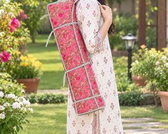 Hand Block Pink Floral  Print Quilted 100%Cotton Yoga Mat, Organic Exercise Rug with Carrying Strap, Reversible Exercise Mat, Gifts For Her