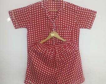 Conjunto de pijama de algodón con cuadros cuadrados - Traje de noche indio hecho a mano, regalo perfecto para todas las estaciones, ropa de estar por casa ligera para mujer,