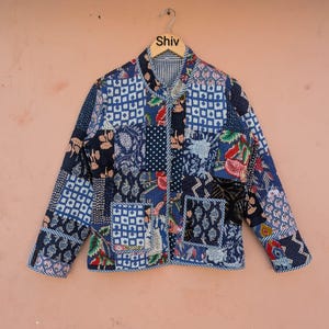 Indian Handmade Patchwork Quilted Jacket – Vintage Peach Cotton Reversible Boho Coat for Women