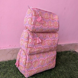 Handblocksquiltad 100 % bomull i rosa blommigt sminkväskaset, indisk bomullsneakers, reseväska i 3-pack