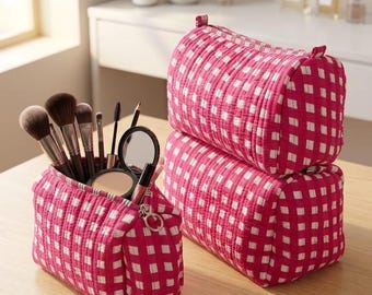 Large Cotton Quilted Square Printed Wash Bag | Handmade Toiletry Bag | Cosmetic Bag Checks Print Travel Accessory Holiday Set Of 3pcs