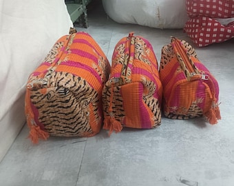 Set of 3 Quilted Cotton Tiger Print Toiletry Bags, Handmade Cosmetic Pouches