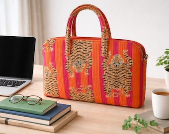 Mooie oranje tijger 100% katoenen blokprint gewatteerde handgemaakte laptopbeschermer/hoes, iPad-hoes, tablet-ritszakje, MacBook Air Cove