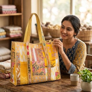 May include: A large rectangular tote bag featuring a patchwork design in shades of yellow, orange, and white. The bag is constructed from quilted fabric with visible stitching and includes two long shoulder straps and a floral pattern.