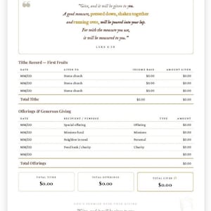May include: Printable Tithe & Giving Log with sections for recording tithe, offerings, and generous giving. Includes inspirational quotes and prompts for month and year. Designed by Faithful Financials.