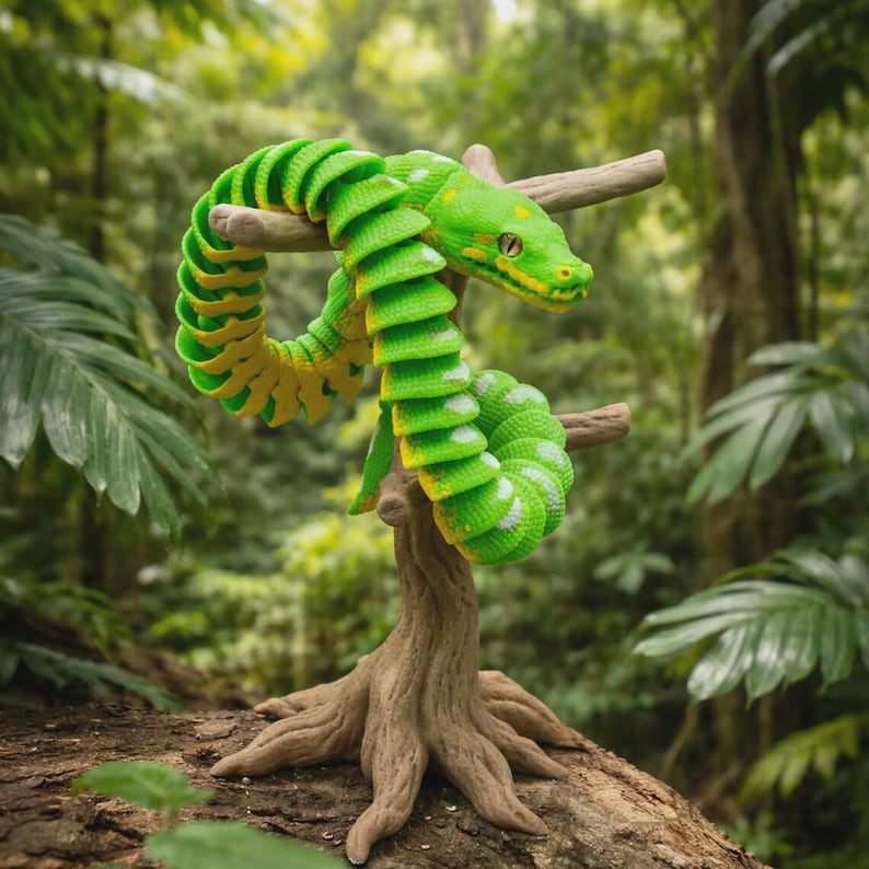 Peut inclure: Une figurine de serpent vert vif et jaune enroul&eacute;e autour d'une petite branche en bois. Le serpent a des taches blanches et est perch&eacute; sur un tronc de mini-arbre, sur fond de for&ecirc;t flou.
