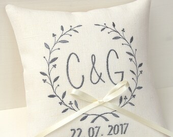 Ivory Ring pillow wedding ring bearer pillow wedding day pillow personalized ring pillow monogram pillow linen wedding pillow