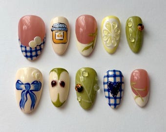 Handmade Cottagecore Nails Box: Gingham Bow Jam Jar Ladybug 3D Picnic Press Ons