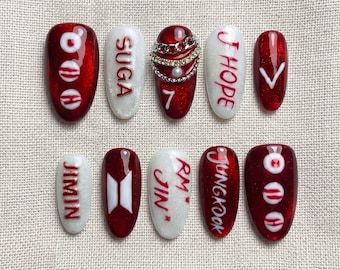 Handmade BTS Nails Box: Member Names Red Glitter Chain 7 Press On Nails