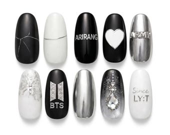 BTS Army Press On Nails | Silver Black 3D Chrome K-Pop Custom Fandom Art