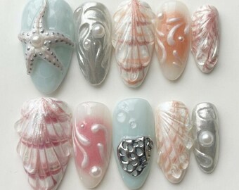 Handmade Mermaid Nails Box: 3D Sea Shell Starfish Pearl Beach Press On Nails