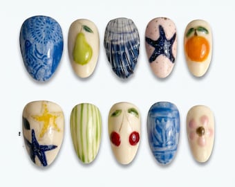 Handmade Ceramic Nails Box: Blue White Porcelain Fruit Starfish 3D Press On Nails