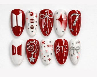 BTS Nails Box: Red White Sparkle Ribbon & 3D Number 7 Luxury Nails