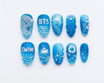 Handmade BTS Nails Box: Blue Ocean Swim Starfish Ship 3D Press On Nails