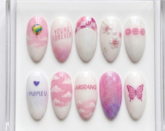 Handmade BTS Nails Box: Pink Dreamy Young Forever Butterfly Press On Nails