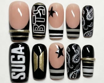 Handmade BTS Nails Box: SUGA Agust D Black Paisley Bandana Press On Nails