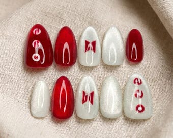 Handmade BTS Nails Box: Minimalist Red & Pearlescent White Symbol Press On Nails