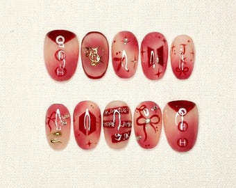 Handmade BTS Nails Box: Red Ombre Gradient Ribbon Charm Press On Nails