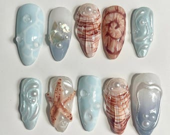 Handmade Mermaid Nails Box: 3D Water Ripple Starfish Pearl Shell Press Ons