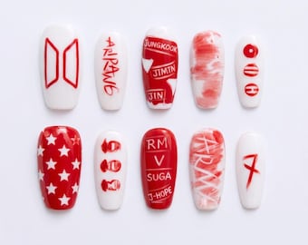 Handmade BTS Nails Box: Arirang Red & White Member Name Press On Nails
